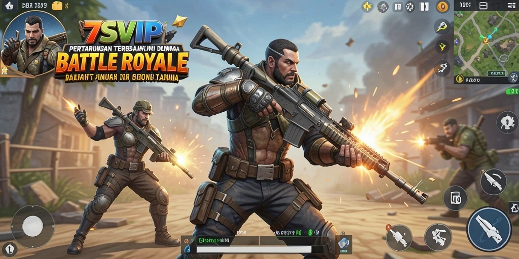 Screenshot utama menunjukkan aksi intens dalam pertandingan Battle Royale.