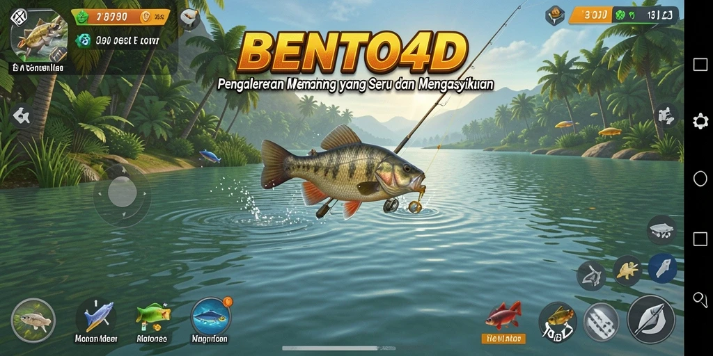 Screenshot gameplay BENTO4D menampilkan aksi memancing yang seru dan lingkungan indah.