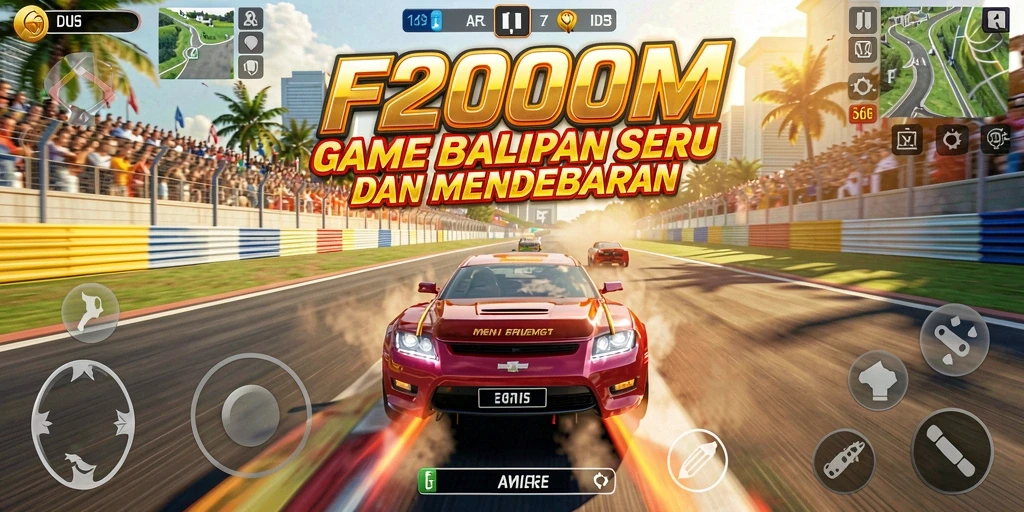 Tampilan gameplay mendebarkan di F200M dengan mobil balap yang cepat.