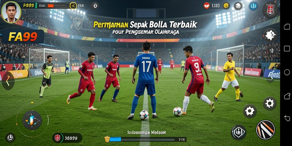 Tampilan gameplay seru di FA99 dengan aksi sepak bola intens.