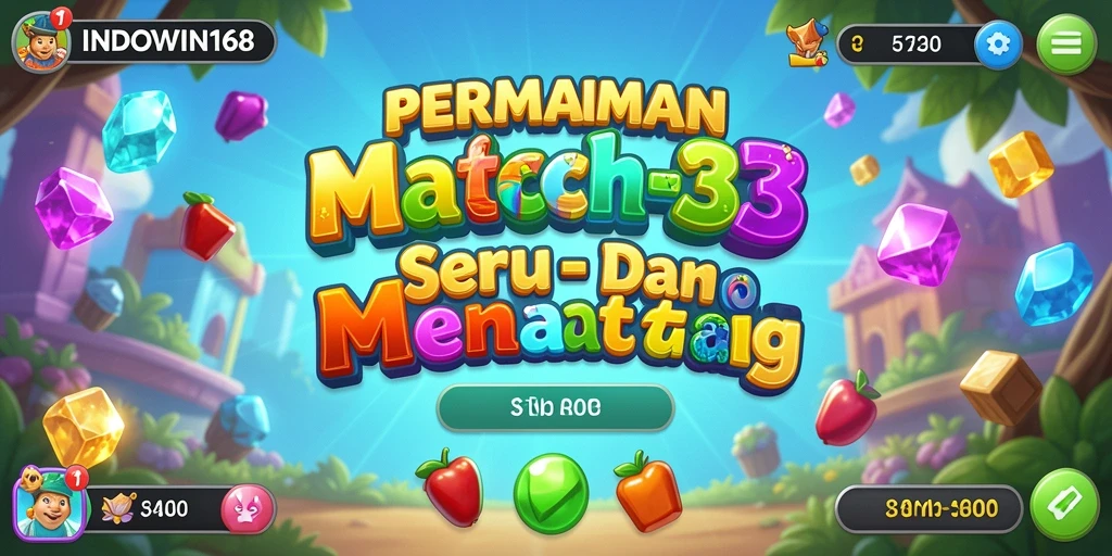 Tangkapan layar gameplay <strong>INDOWIN168</strong> menampilkan elemen match-3 yang berwarna-warni dan menarik.