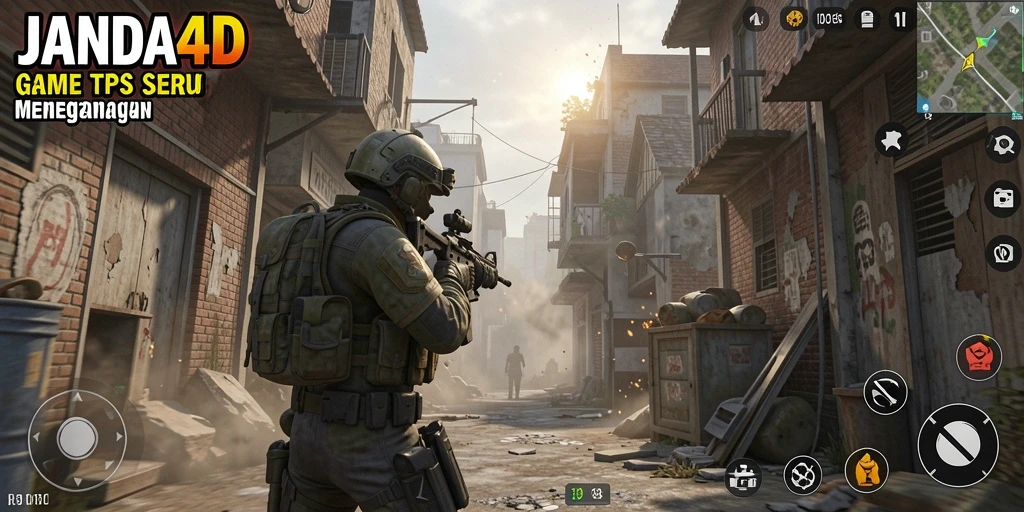 Screenshot JANDA4D dengan tampilan aksi tempur TPS yang mendebarkan.