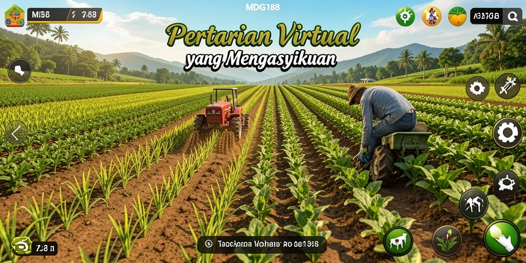 Tampilan screenshot MDG188 dengan pemandangan ladang yang indah dan aktivitas pertanian.
