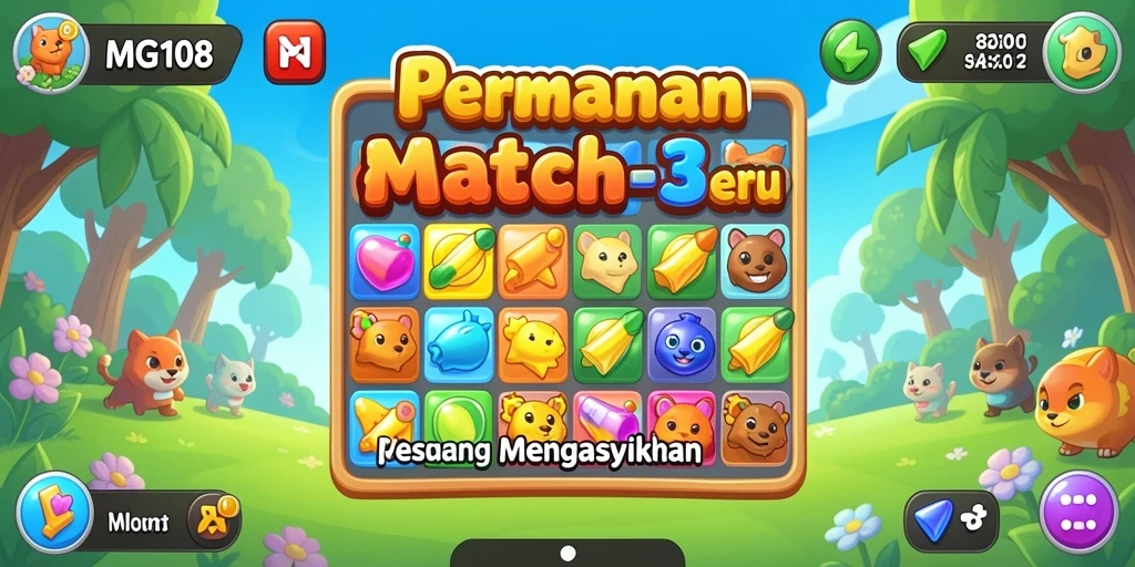 Screenshot MG108 menunjukkan gameplay Match-3 yang seru dan penuh warna.