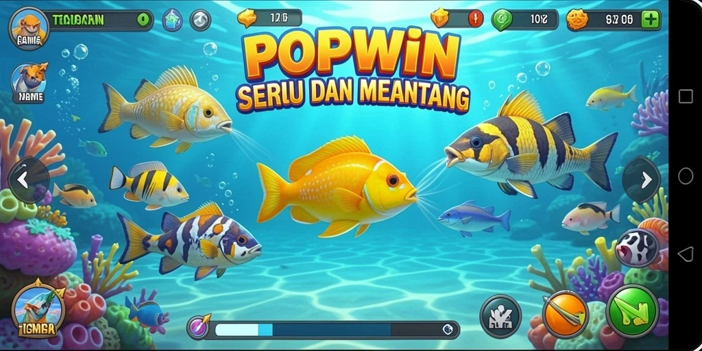 Tampilan gameplay POPWIN dengan ikan dan senjata menarik.