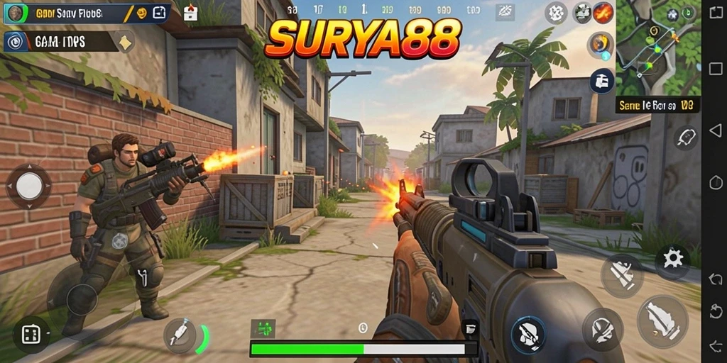 Tampilan gameplay intens dari SURYA88 saat pertarungan TPS berlangsung.