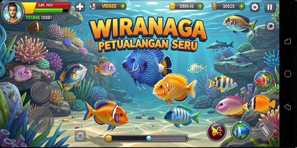 Screenshot gameplay WIRANAGA menampilkan aksi menembak ikan yang seru.
